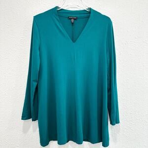 Eileen Fisher‎ V Neck Tunic Top Women Medium Green 3/4 Sleeve Jersey Knit Modest